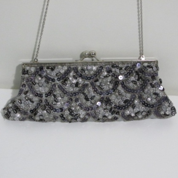 Silver Grey Sequined Evening Shoulder Bag - Picture 1 of 9